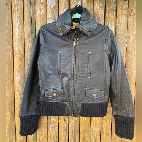 Twill Twenty Two Leather Bomber with Wool Trim - Picture 1 of 4